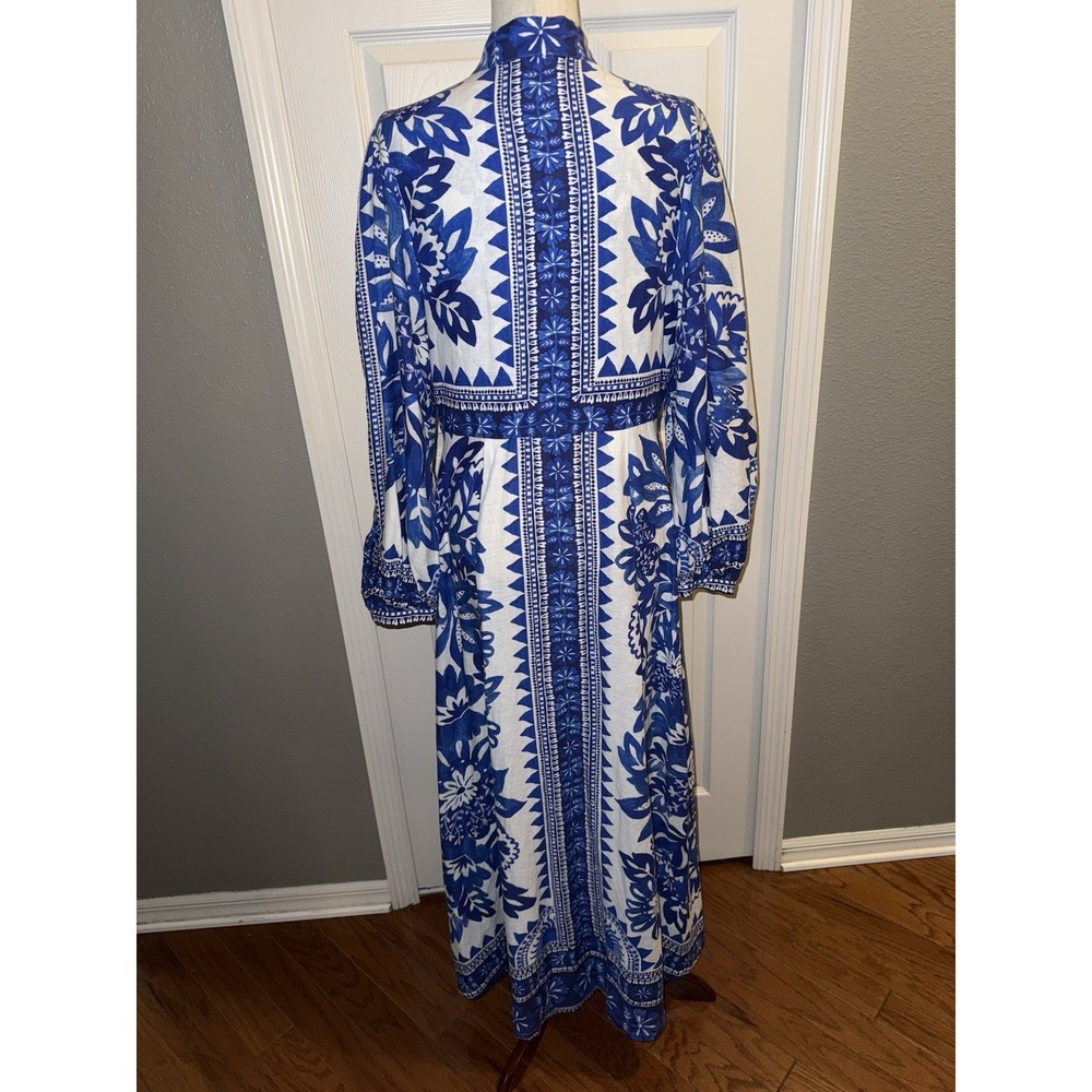 Farm Rio Flora Tapestry Blue White Linen-Blend Maxi Dress Size L Ballon Sleeve - Picture 4 of 16